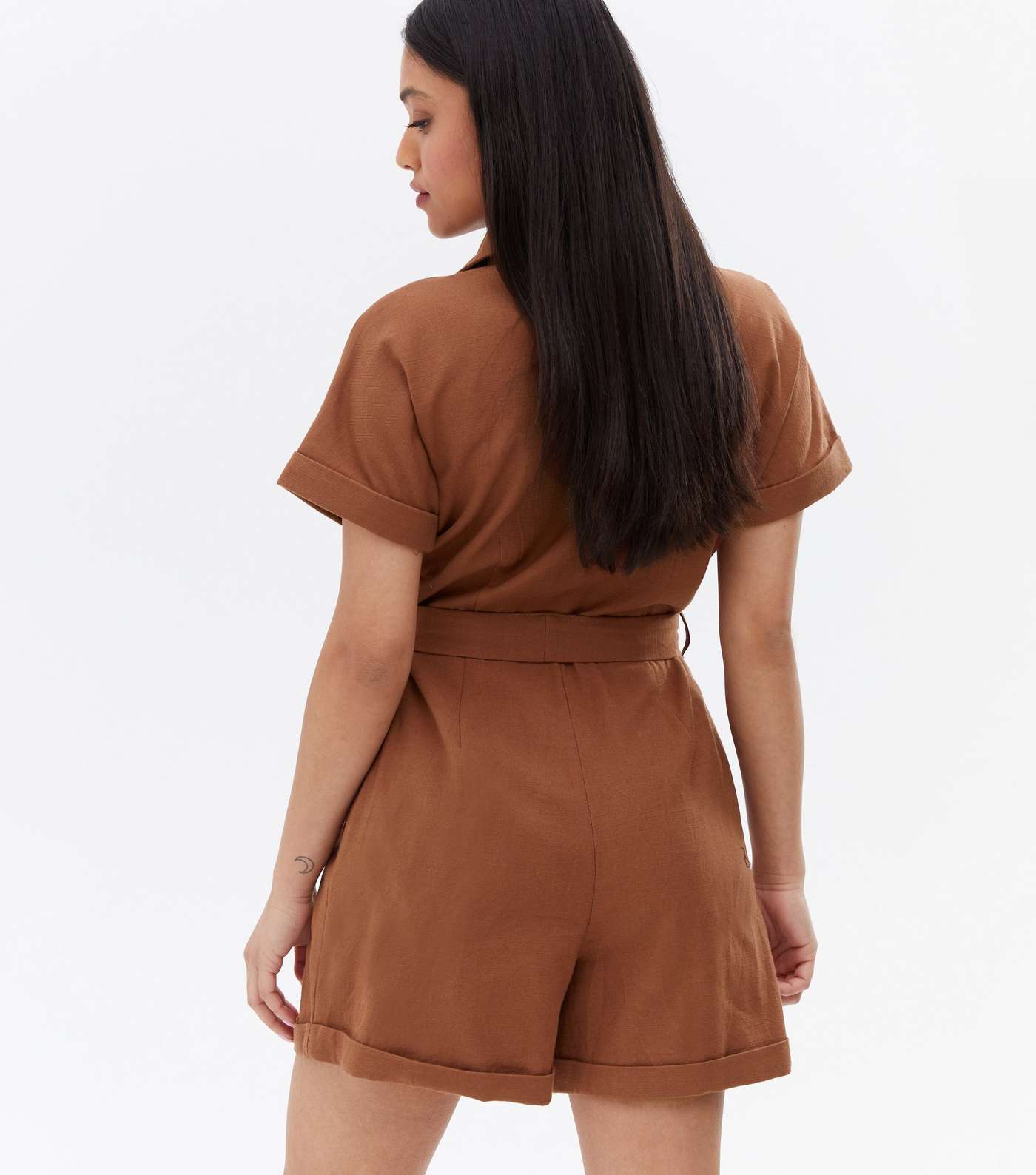 Petite Brown Revere Collar Button Front Belted Playsuit Image 4