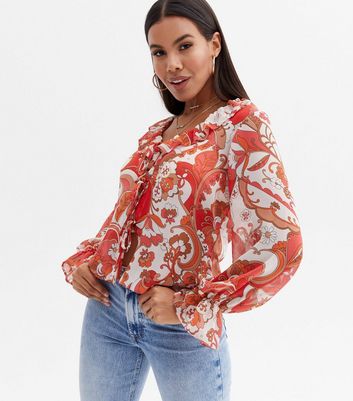 Red Paisley Chiffon Frill Blouse | New Look