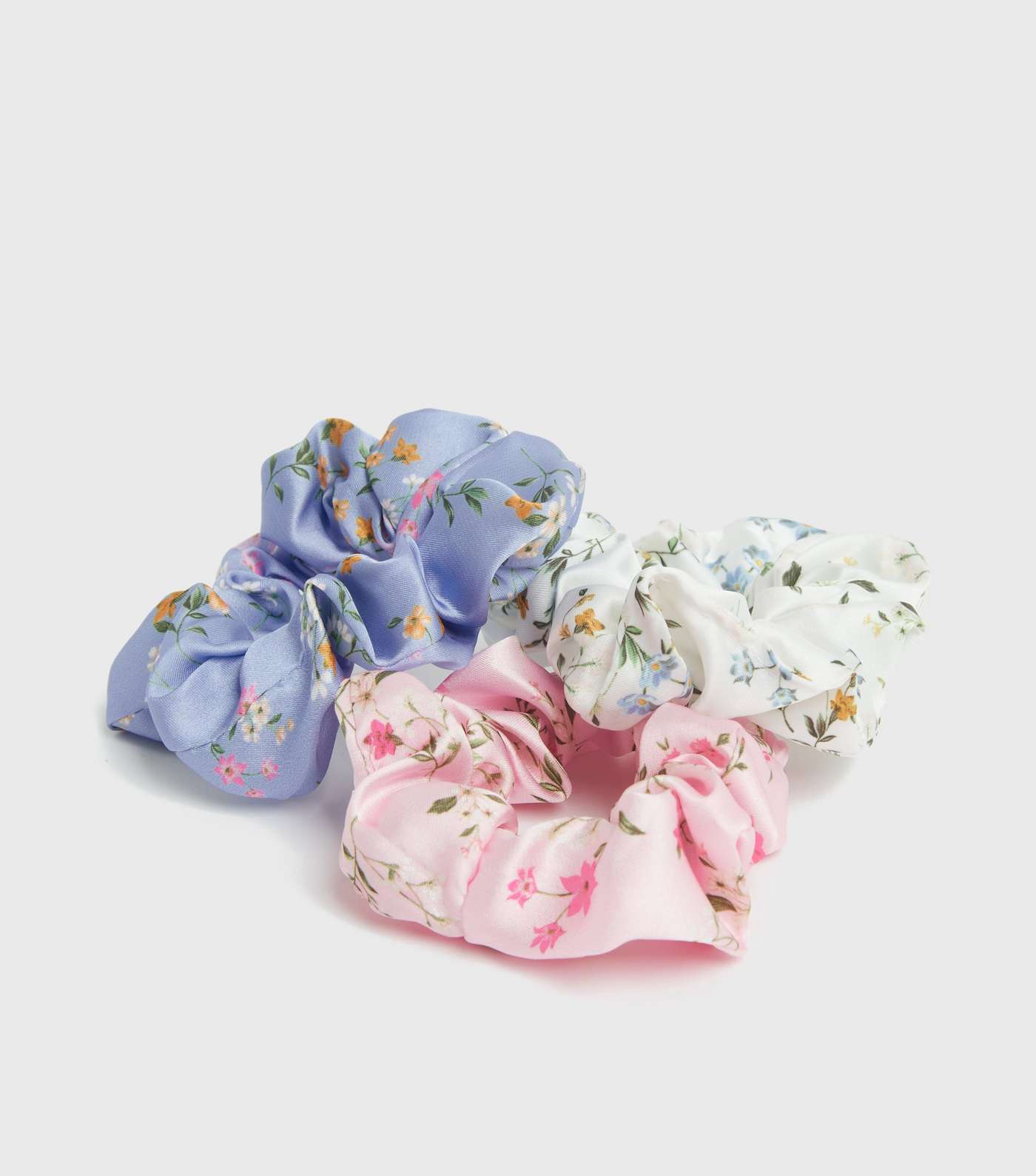 3 Pack Blue Pink and White Floral Satin Scrunchies