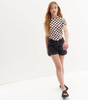 Teenager Bekleidung für Mädchen Girls Brown Checkerboard Hanky Hem T-Shirt