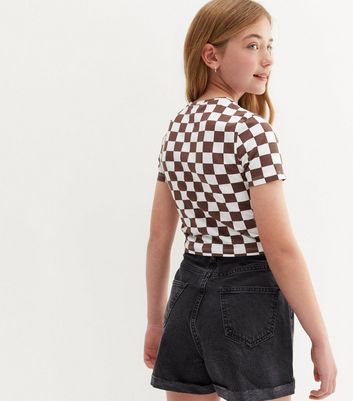 Teenager Bekleidung für Mädchen Girls Brown Checkerboard Hanky Hem T-Shirt