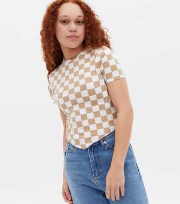 Girls Brown Checkerboard Hanky Hem T-Shirt