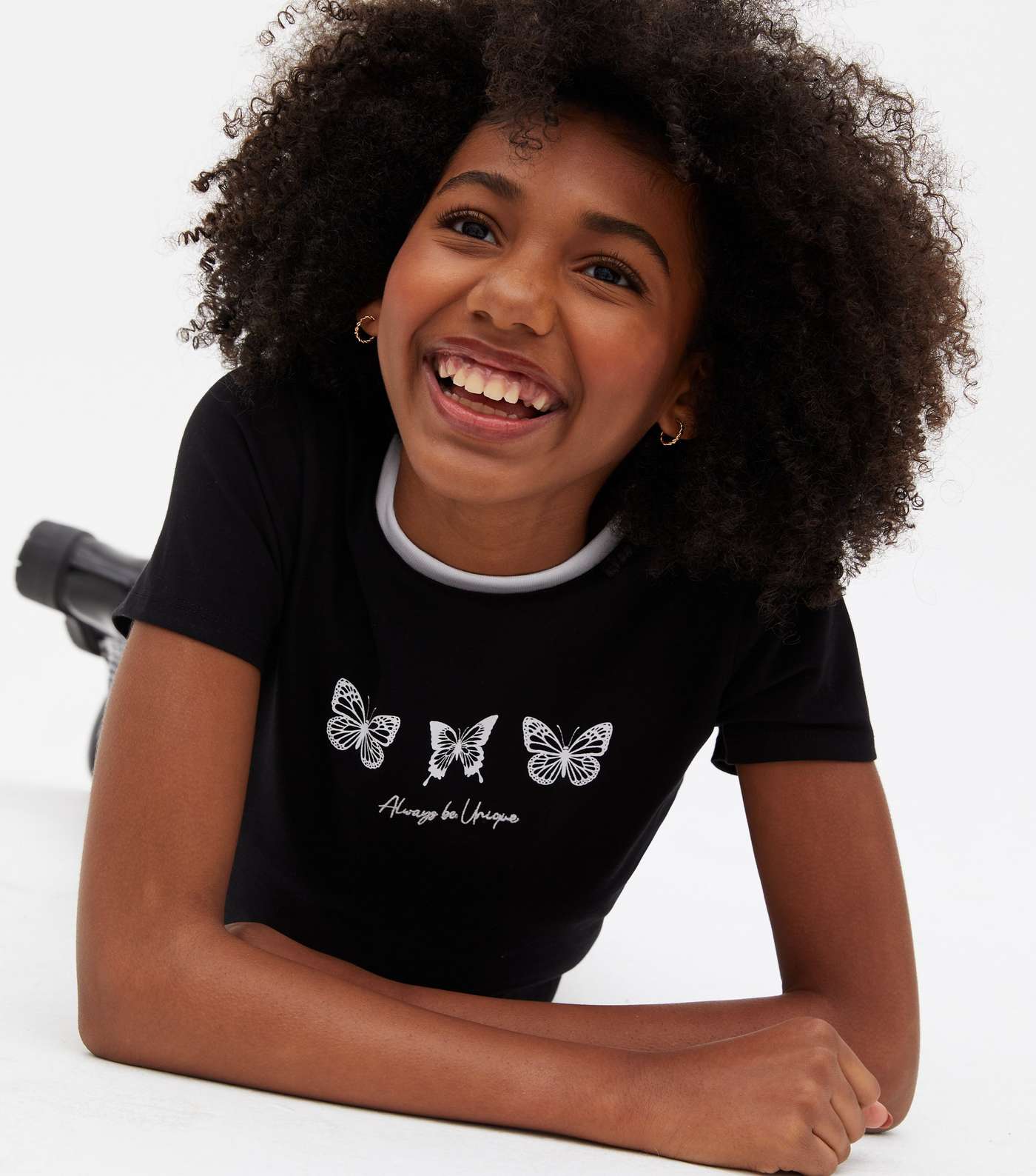 Girls Black Butterfly Unique Logo Ringer T-Shirt Image 3