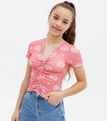 Girls Pink Retro Heart Ribbed Ruched Top