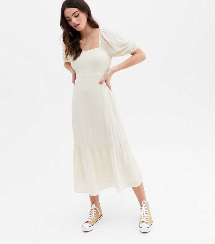 White Textured Square Neck Tiered Midi Dress
