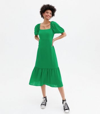 Green Textured Square Neck Tiered Midi Dress New Look