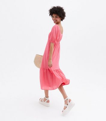 Click to view product details and reviews for Deep Pink Textured Square Neck Tiered Midi Dress New Look.