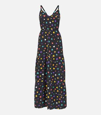 Yumi Black Heart Spot Tiered Maxi Dress New Look