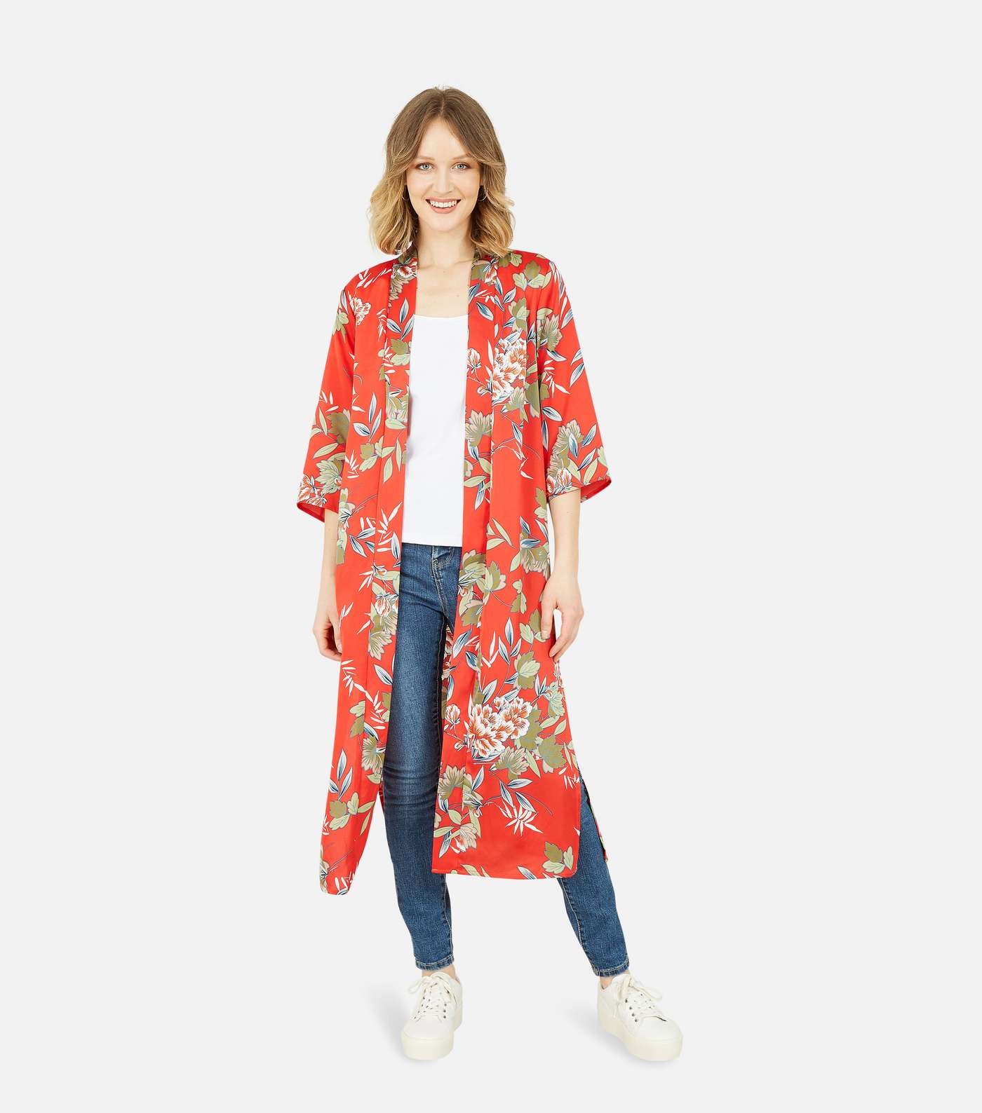Yumi Red Floral Satin Long Kimono