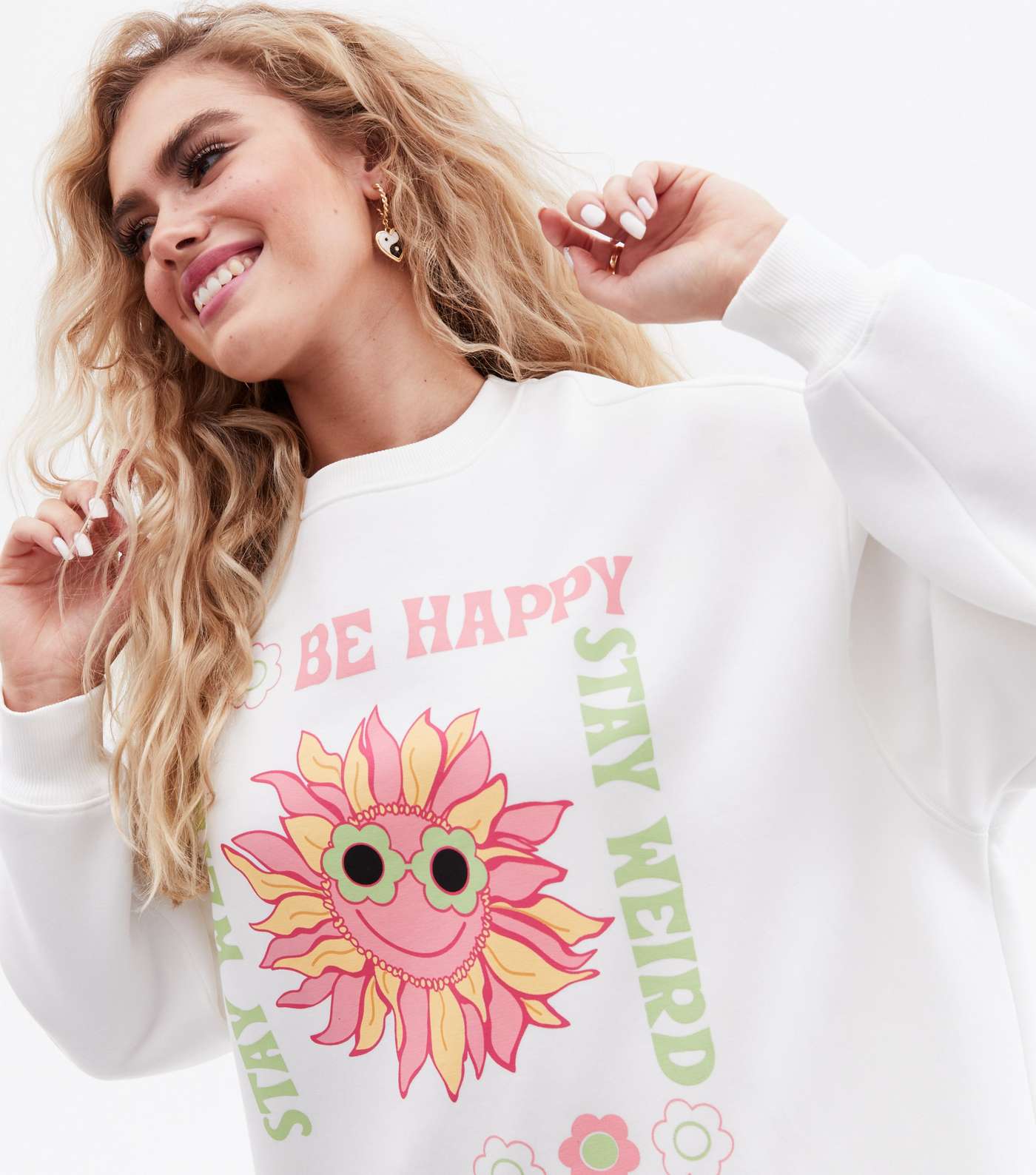 Be Happy Stay Weird White Sunflower Logo Sweatshirt