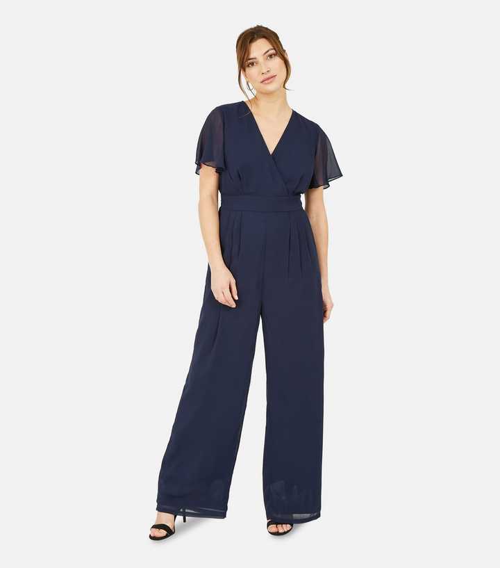 Yumi Navy Flutter Sleeve Wrap Jumpsuit