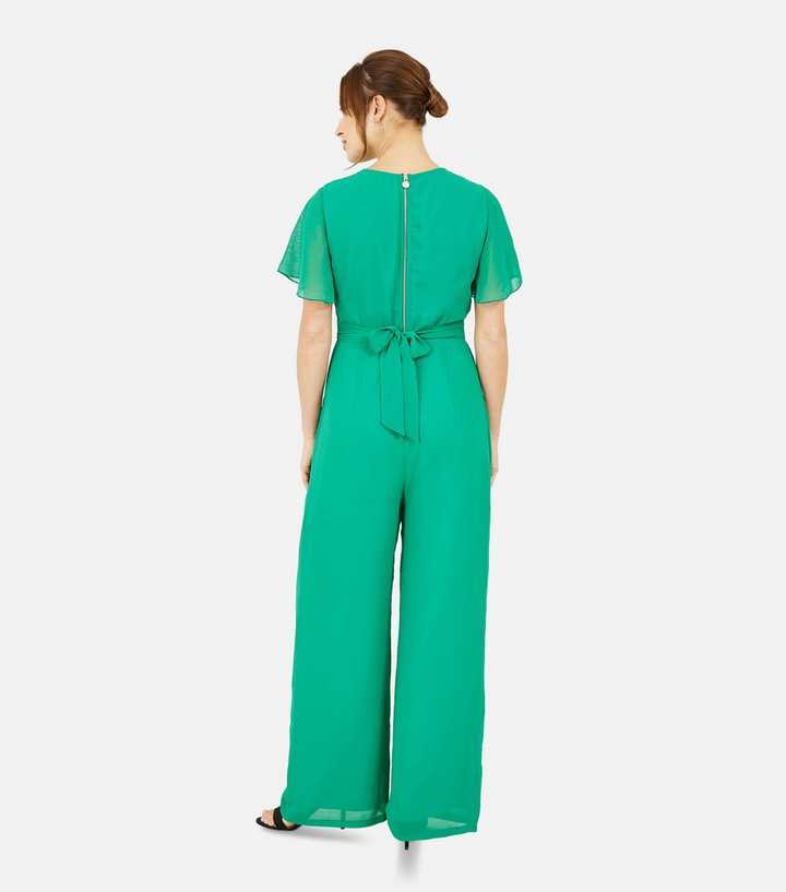 Yumi Green Flutter Sleeve Wrap Jumpsuit | New Look