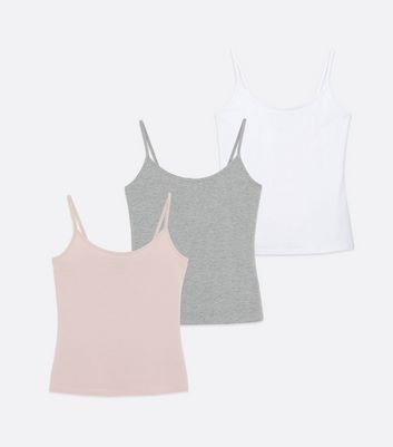 Click to view product details and reviews for 3 Pack Grey Pink And White Strappy Camis New Look.