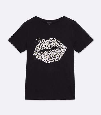 Black Leopard Print Lips T-Shirt | New Look