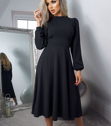 High Neck Puff Sleeve Midi Dress 