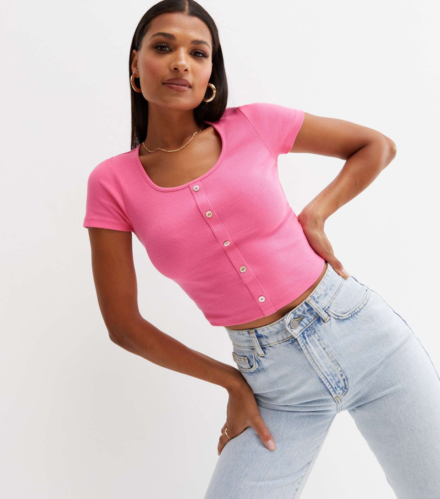 Bright Pink Scoop Neck Button Front T-Shirt Image 2