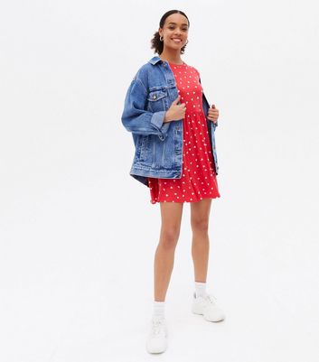 Red Heart Jersey Frill Mini Smock Dress 