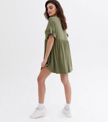 Olive Jersey Frill Mini Smock Dress New Look