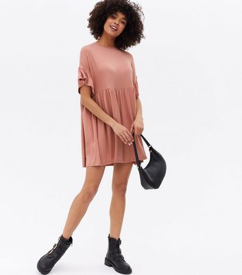 Pink Jersey Frill Mini Smock Dress New Look