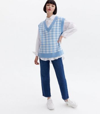 Click to view product details and reviews for Na Kd Blue Check Knit V Neck Vest Jumper New Look.