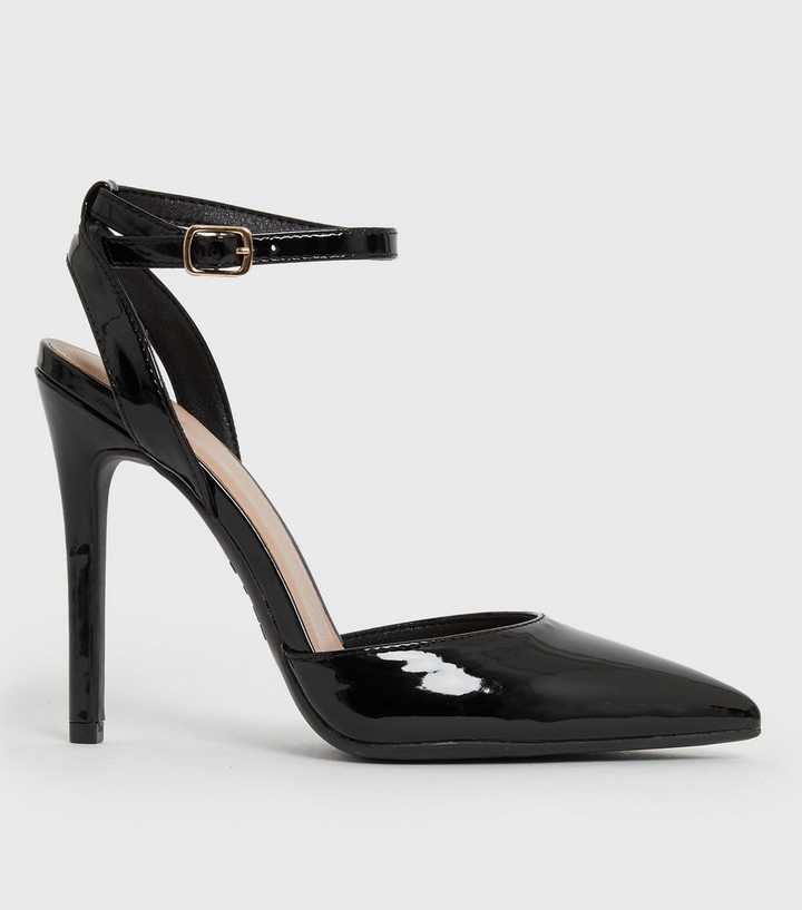 Black Strappy Pointed Stiletto Heel Court Shoes | New Look