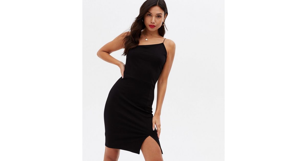 NA-KD Black Asymmetric Strappy Mini Bodycon Dress | New Look