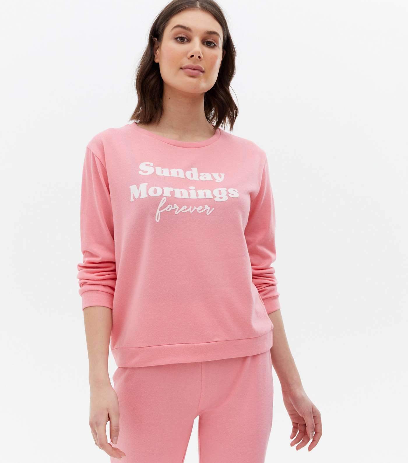 Pink Brushed Jogger Pyjama Set with Sunday Mornings Forever Logo Image 2