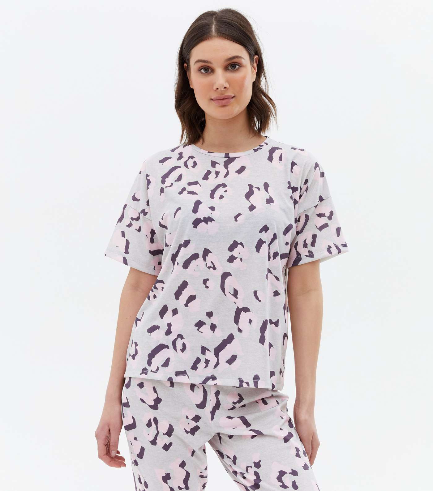 Light Grey Soft Touch Legging Pyjama Set with Animal Print Image 2