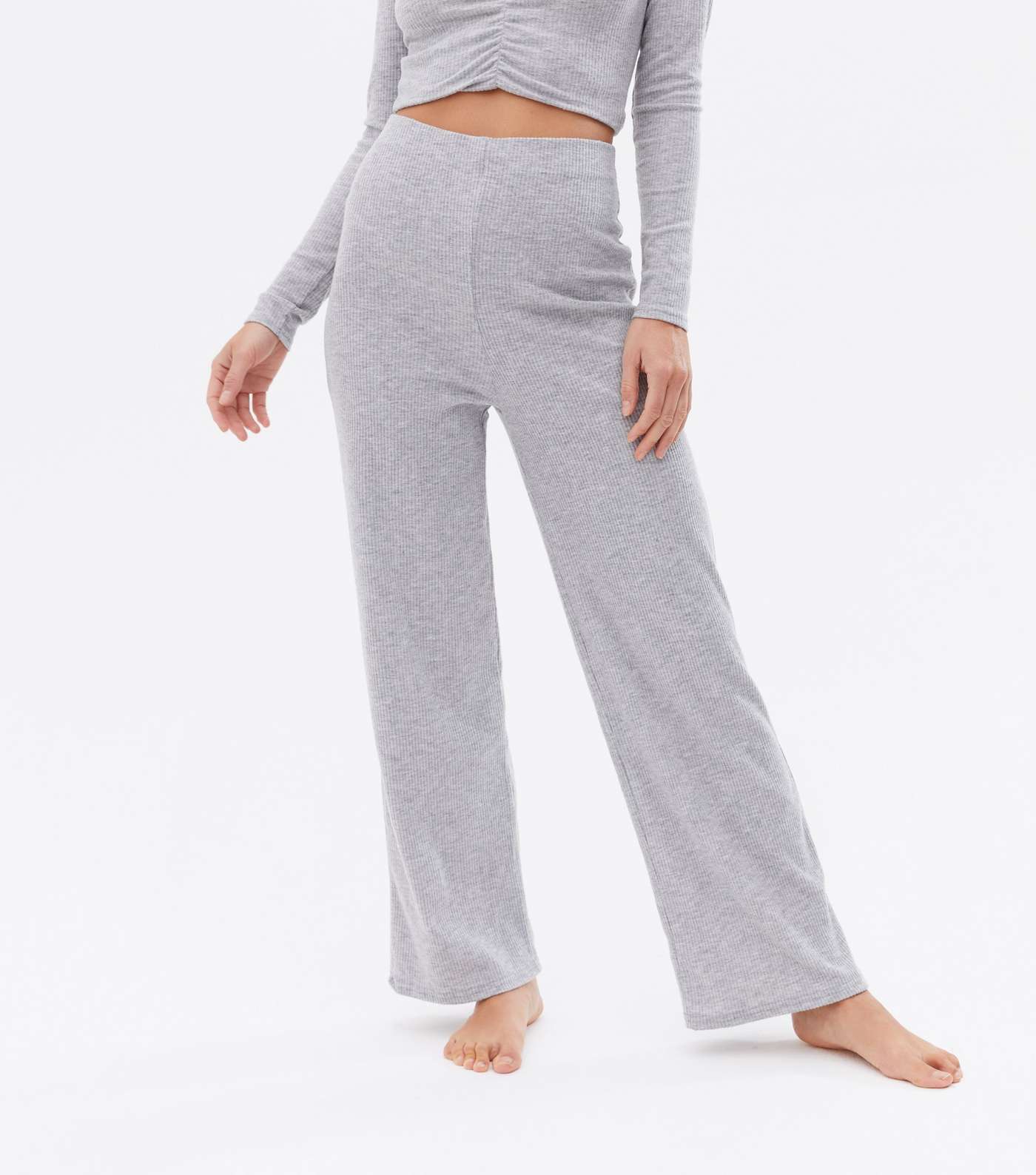 Grey Ribbed Top and Trouser Lounge Set Image 2