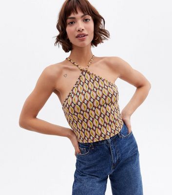 Brown Abstract Halter Crop Top New Look