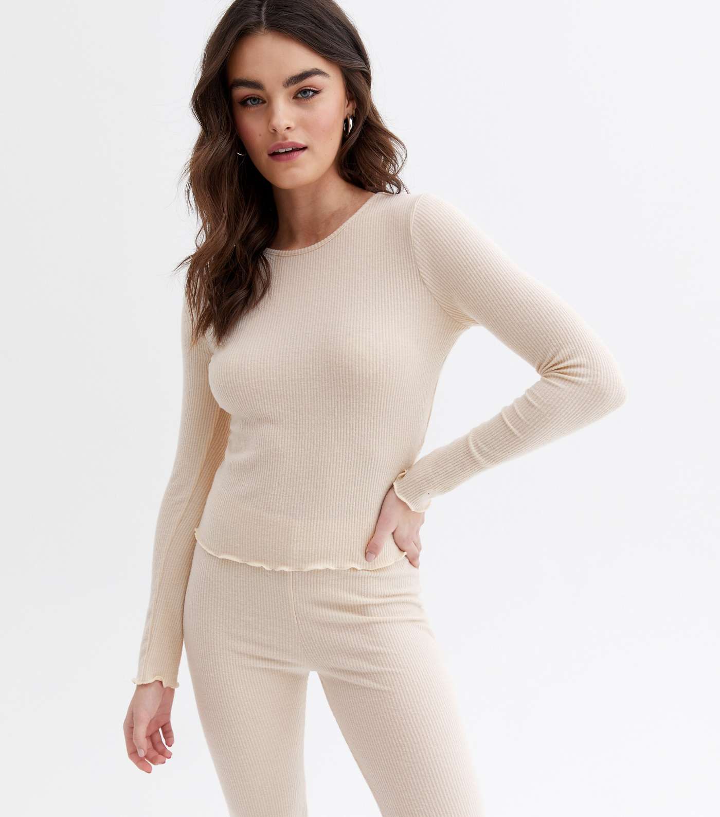 Cream Ribbed Frill Top and Flared Trouser Lounge Set Image 2