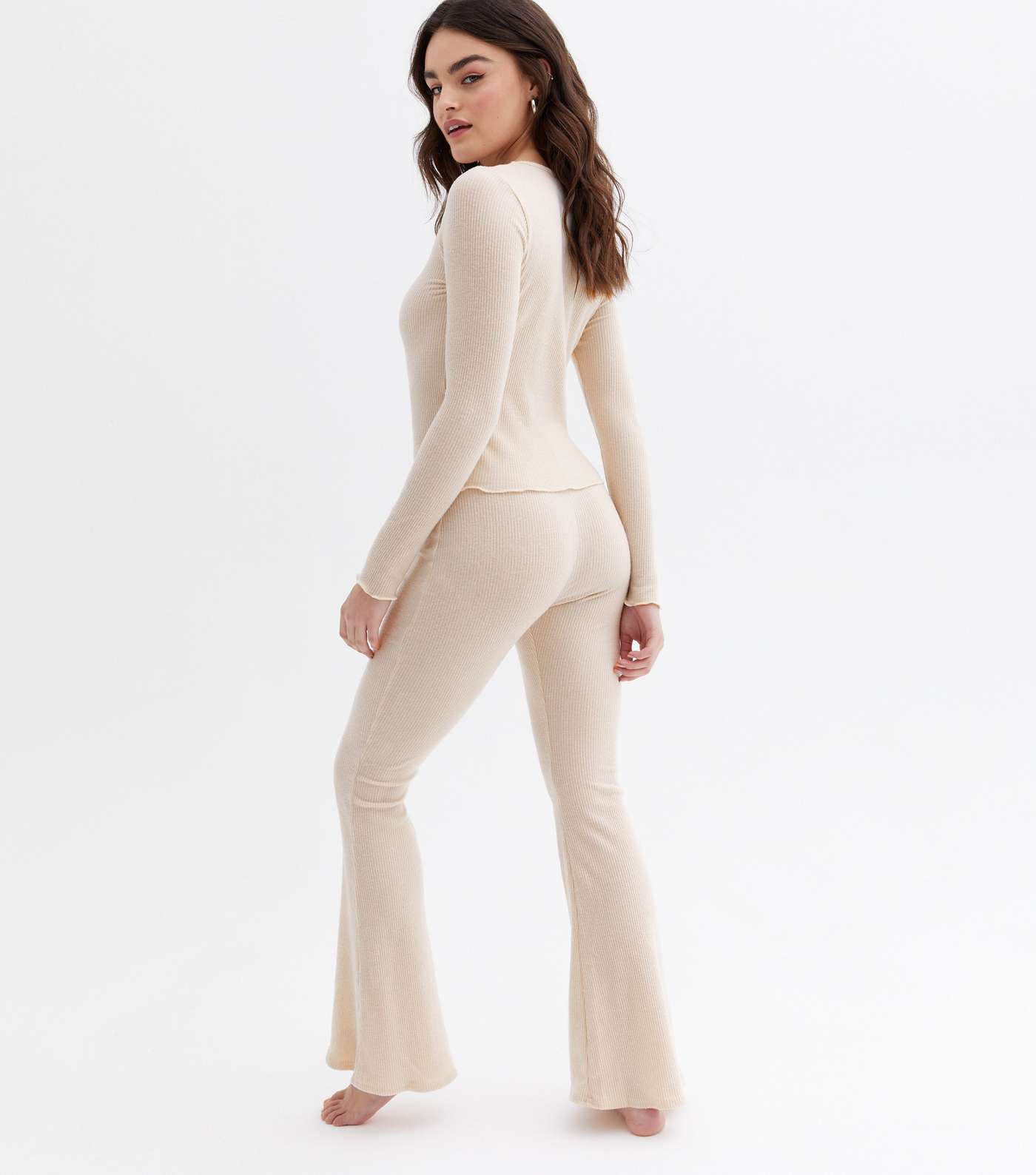 Cream Ribbed Frill Top and Flared Trouser Lounge Set Image 4