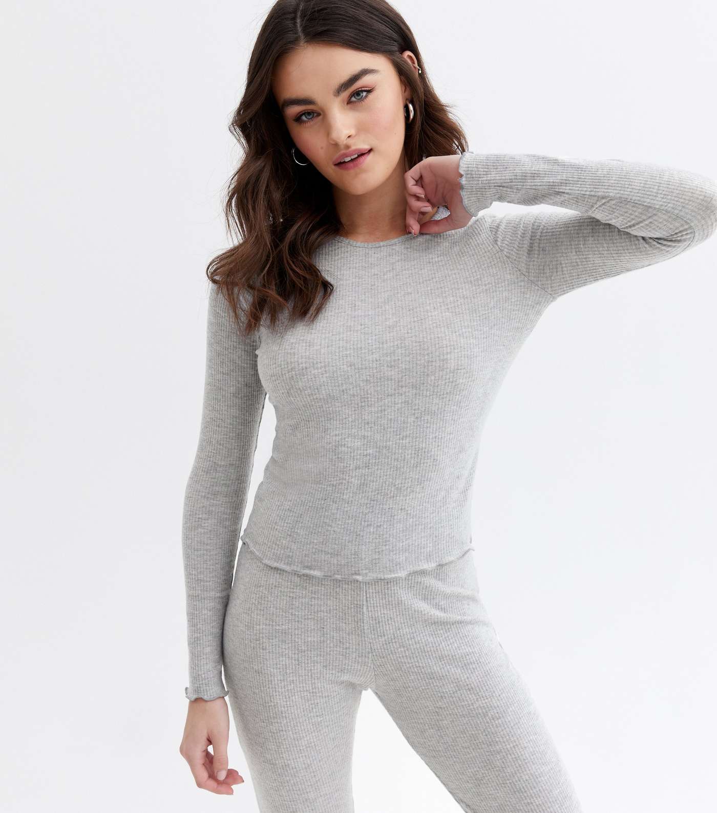 Grey Ribbed Top and Flared Trouser Lounge Set Image 2