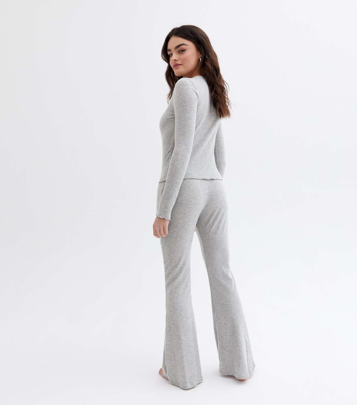 Grey Ribbed Top and Flared Trouser Lounge Set Image 4