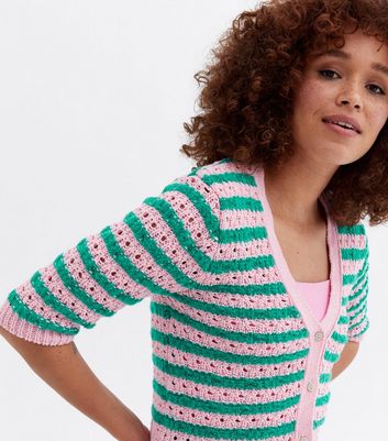 Pink Stripe Crochet Knit Cardigan