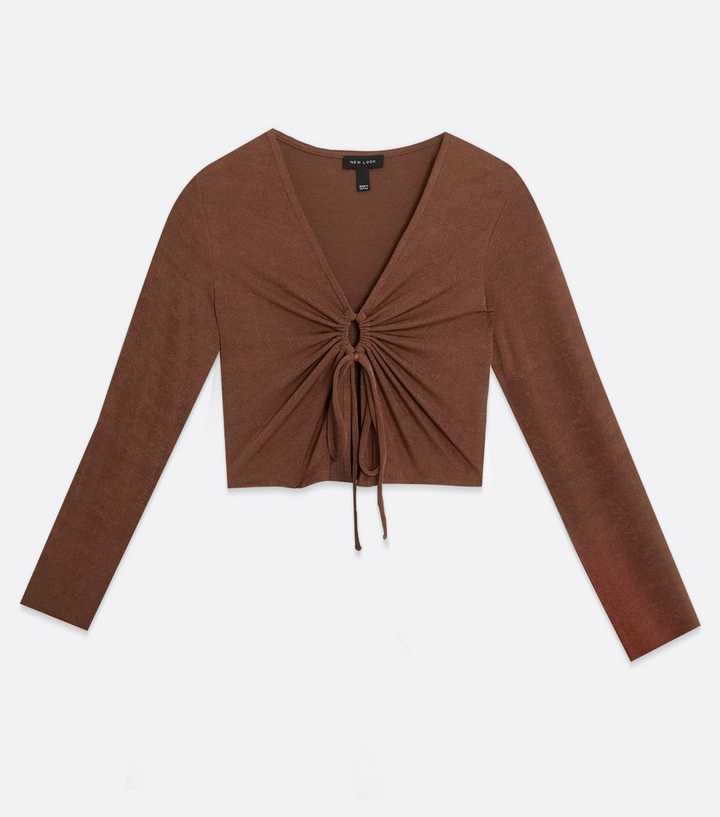 Dark Brown Slinky Tie Front Crop Top