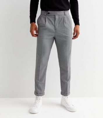 Black Check Double Pleated Tapered Trousers | New Look