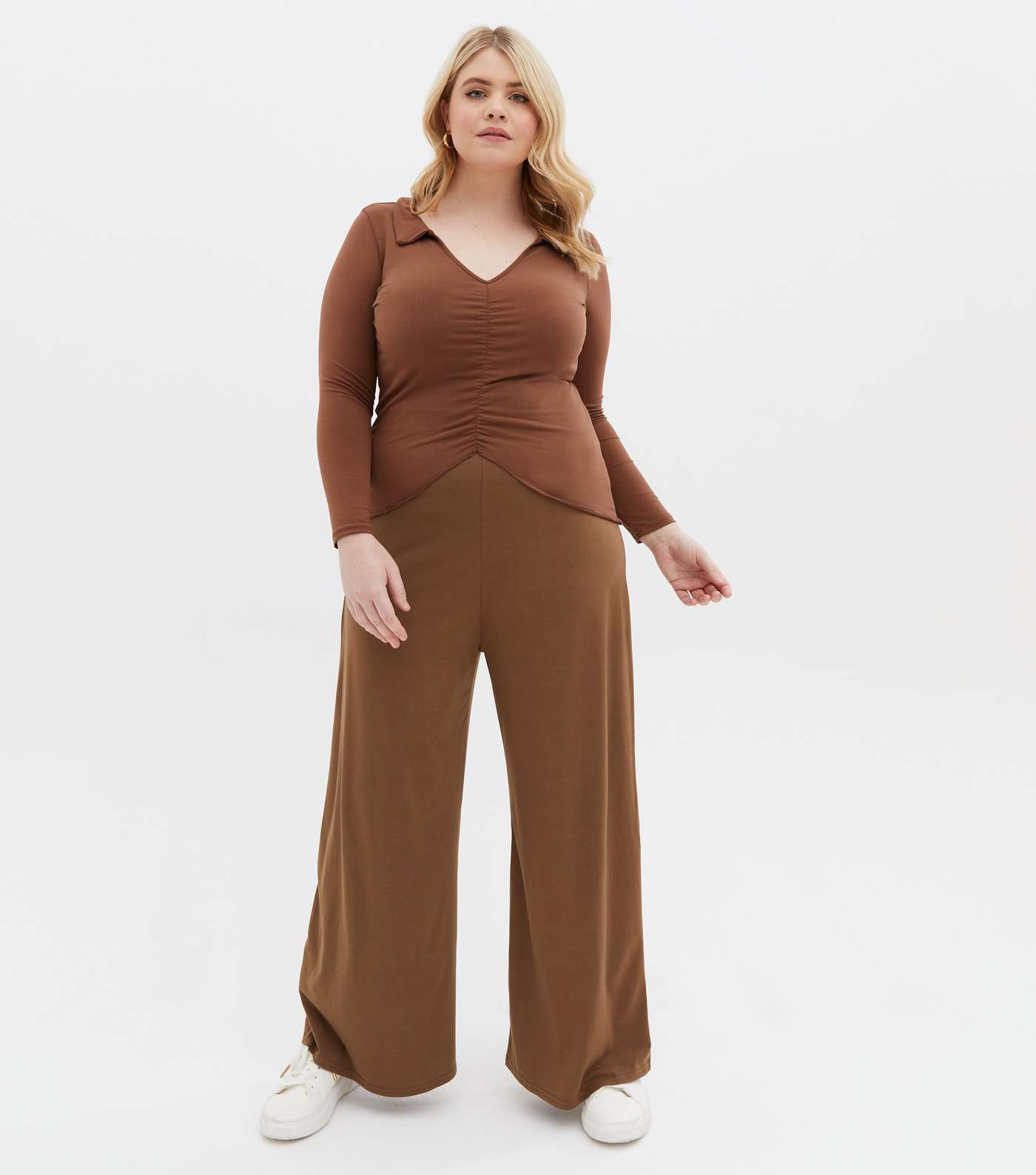 Curves Brown Jersey Wide Leg Trousers