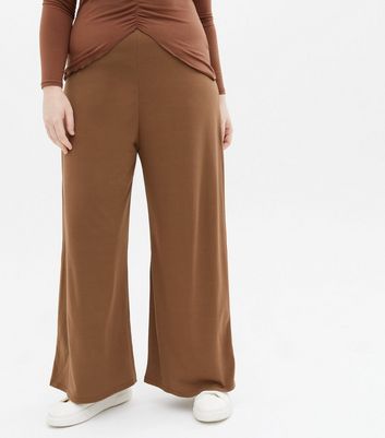 Curves Brown Jersey Wide Leg Trousers 