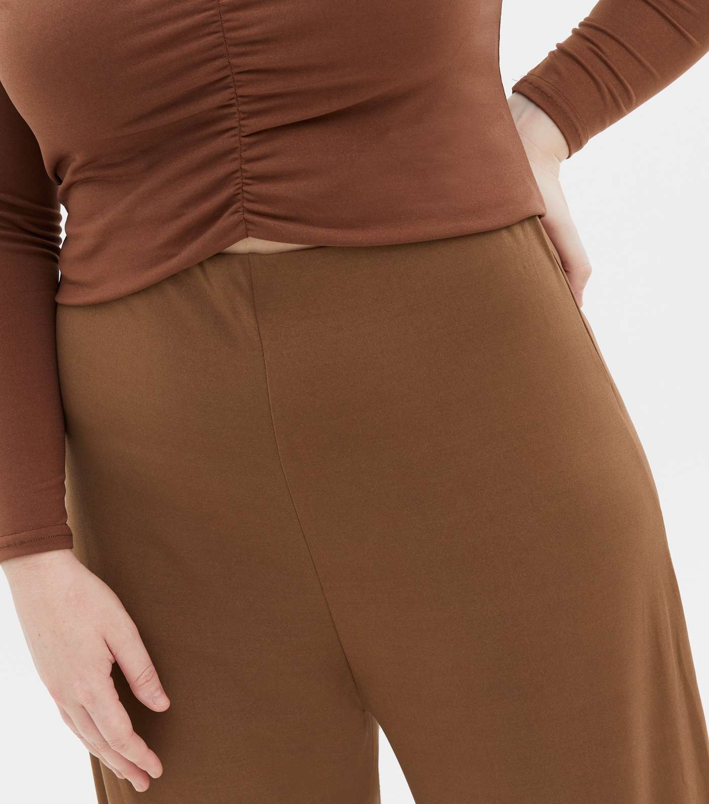 Curves Brown Jersey Wide Leg Trousers Image 3