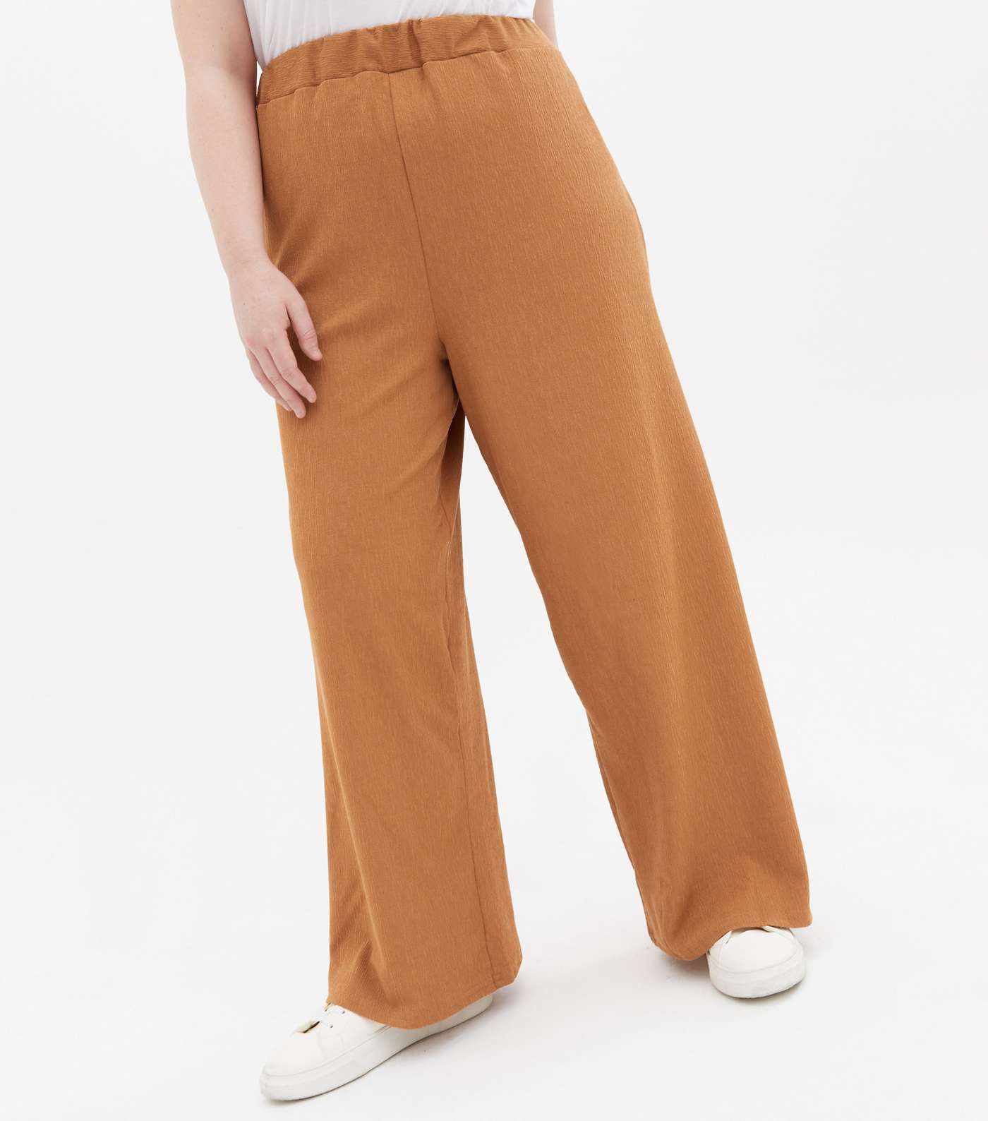 Curves Camel Textured Jersey Wide Leg Trousers Image 2
