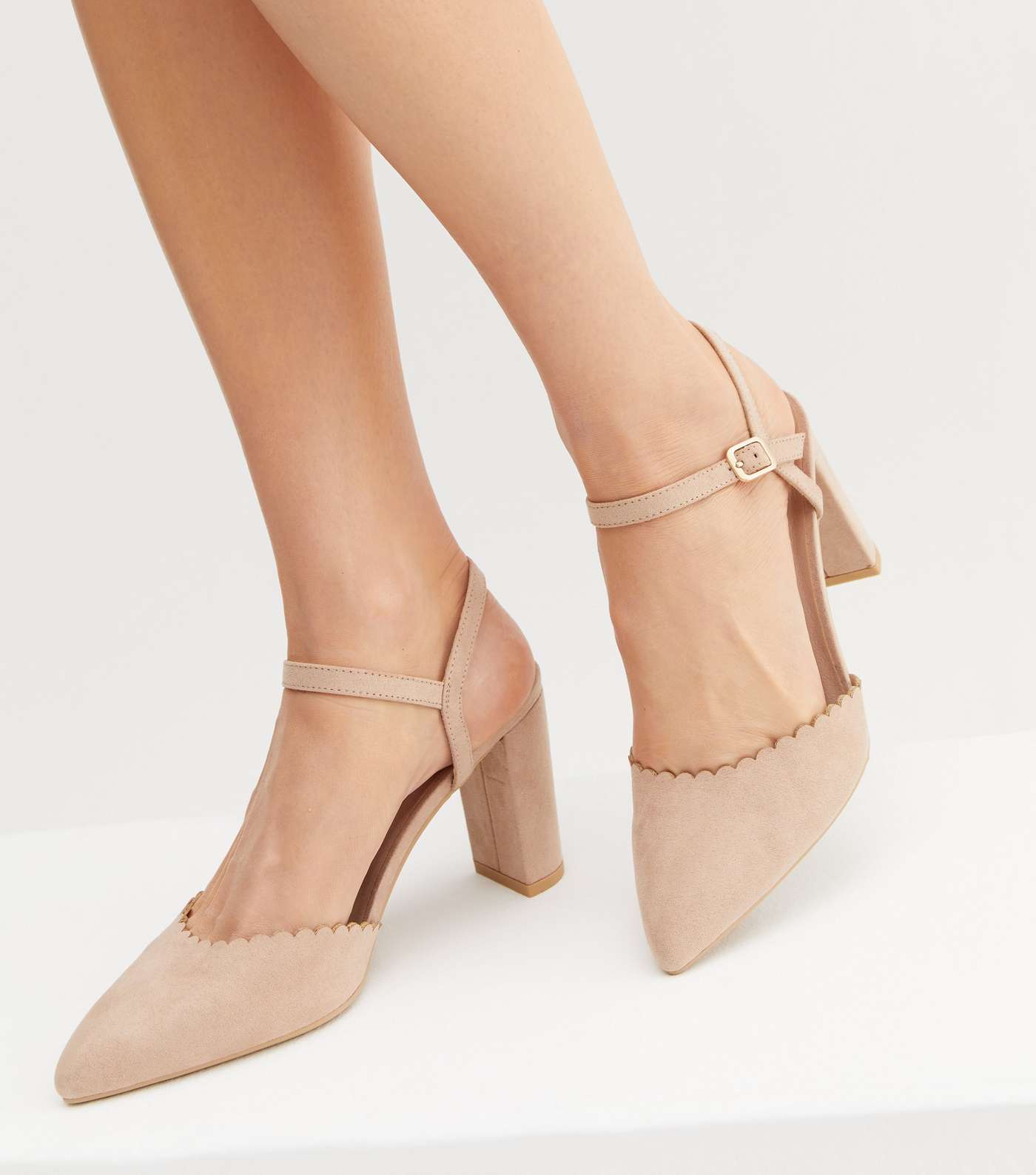 Wide Fit Pale Pink Suedette Scallop Block Heel Court Shoes Image 2