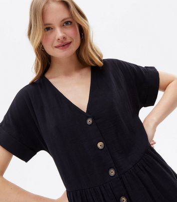 v neck button through mini smock dress