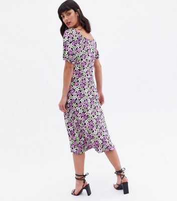 Blue Vanilla Purple Floral Tie Front Midi Dress New Look