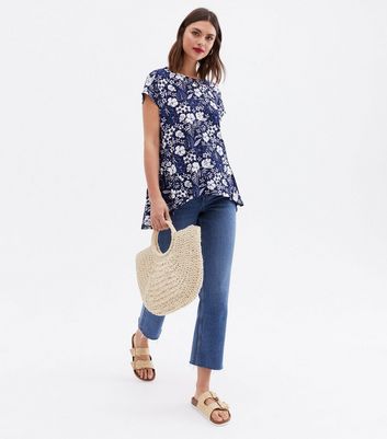 Blue Vanilla Navy Tropical Plissé Oversized Top New Look