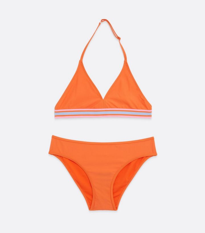 Girls Bright Orange Stripe Tape Bikini Set | New Look