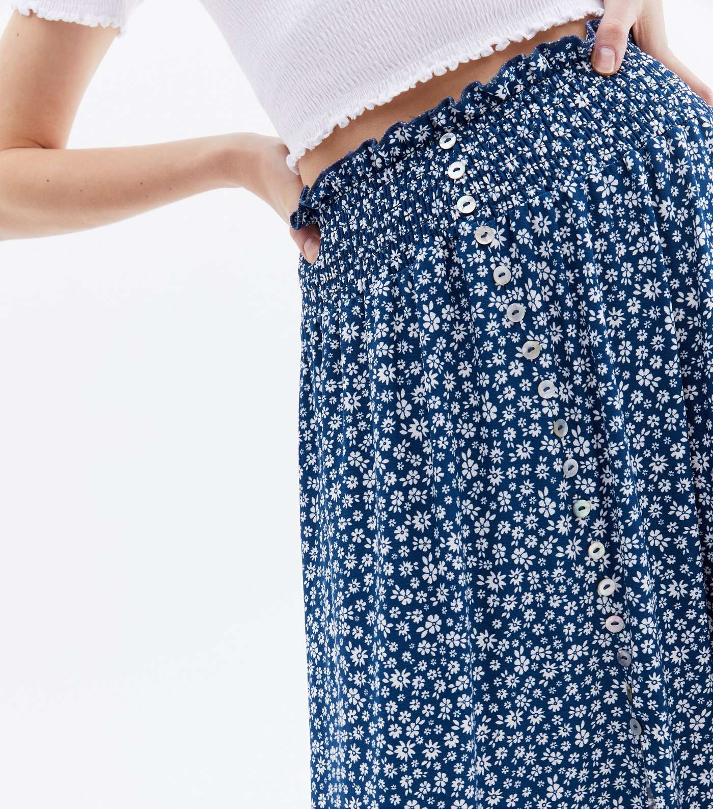 Blue Vanilla Navy Floral Button Midi Skirt Image 3