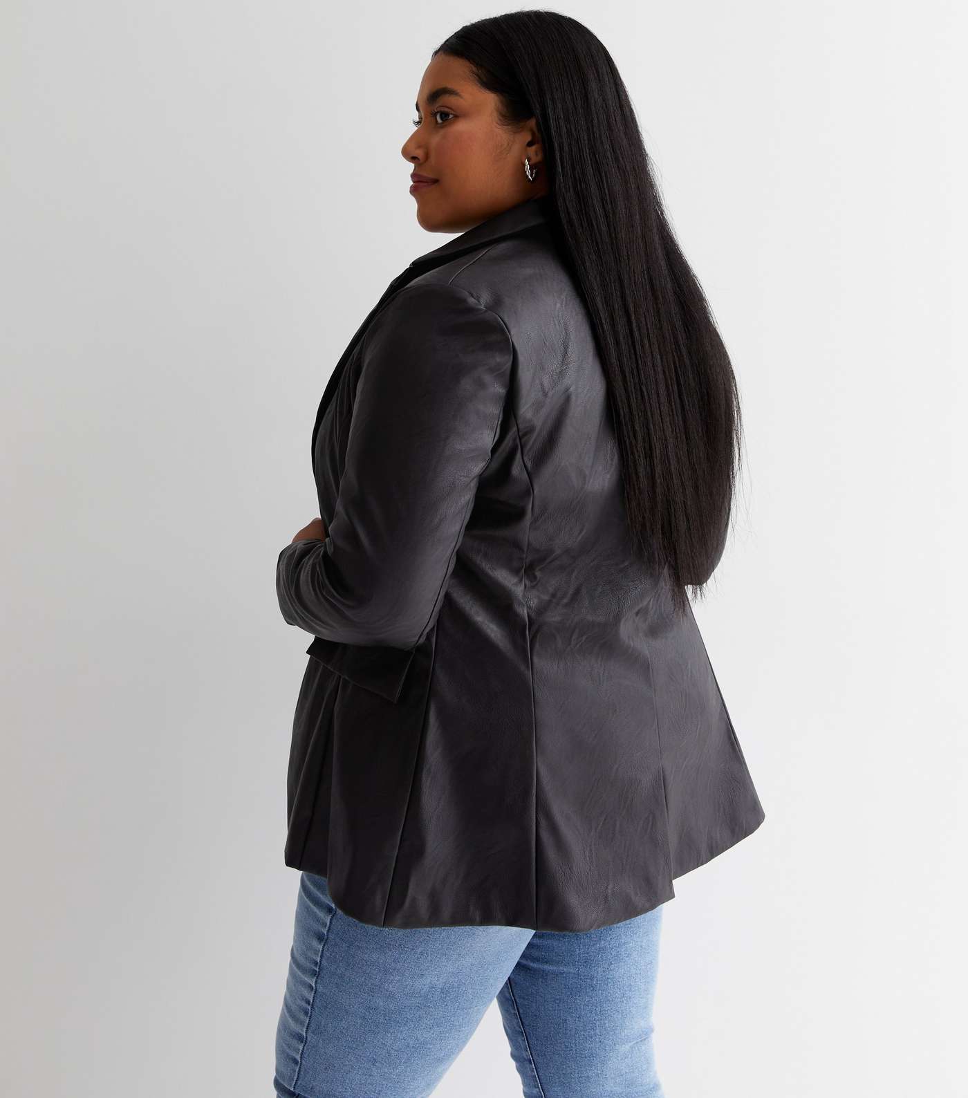 Curves Black Leather-Look Blazer Image 4