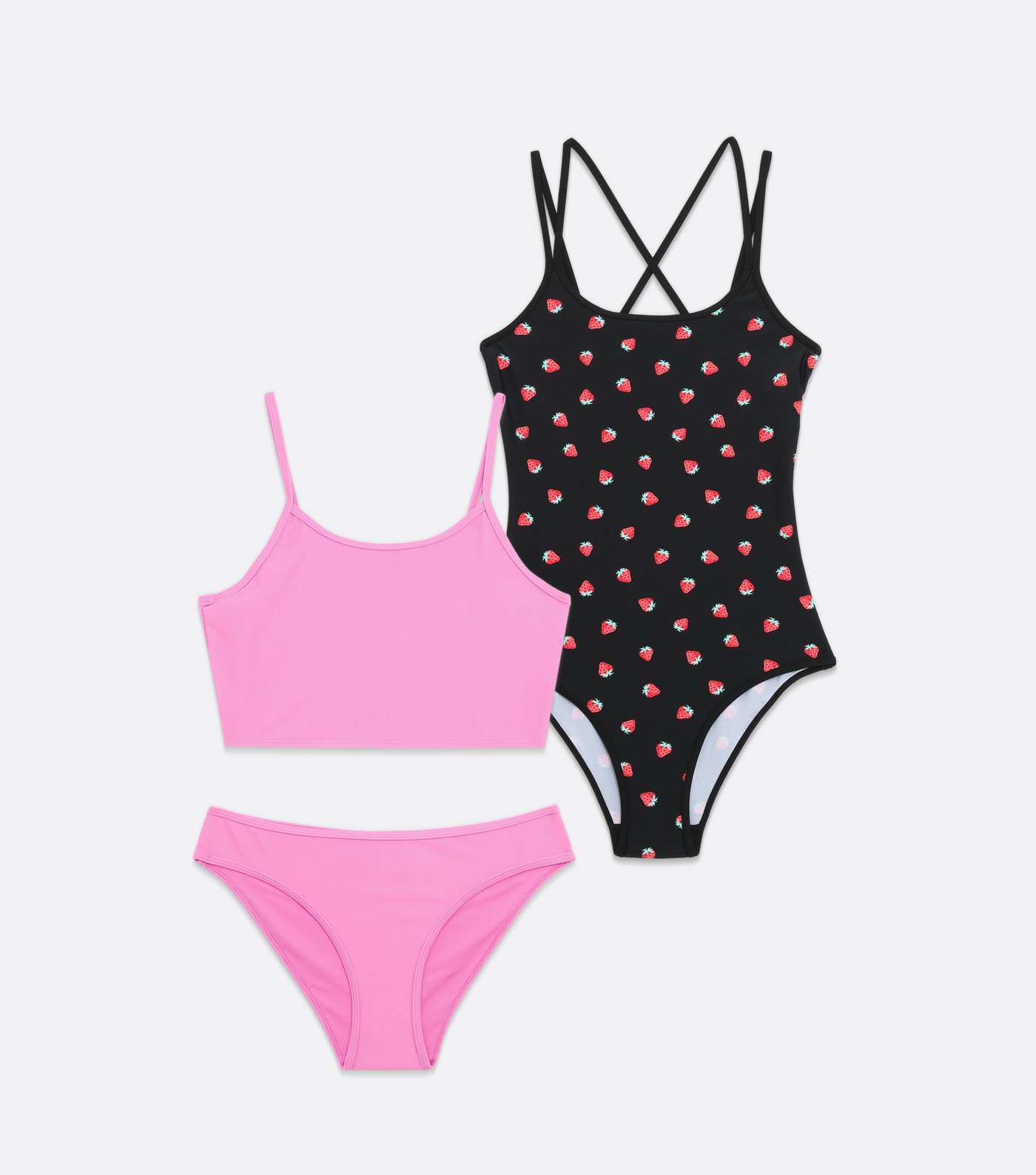 Girls 2 Pack Pink Bikini and Black Strawberry Swimsuit