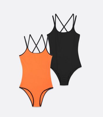 Teenager Bekleidung für Mädchen Girls 2 Pack Orange and Black Strappy Swimsuits